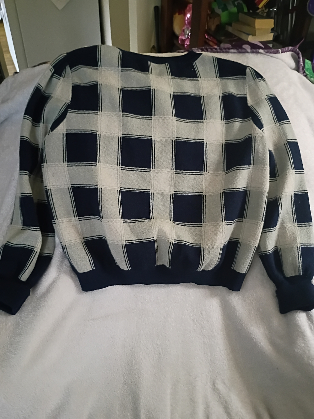 LuLaRoe Navy and Cream Plaid Crewneck Sweater - Picture 2 of 3